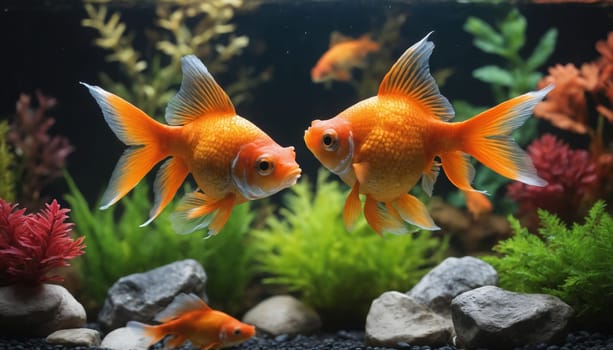 Two golden goldfish swim near each other in a beautifully decorated aquarium, their vibrant scales contrasting with the lush green plants and smooth gray rocks. A third goldfish is visible in the foreground, suggesting a peaceful and vibrant underwater ecosystem.