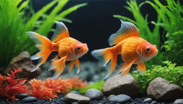 Two bright orange goldfish with long flowing fins gracefully navigate a lush aquatic environment. The fish swim past colorful plants and smooth, gray rocks as they explore their underwater world.