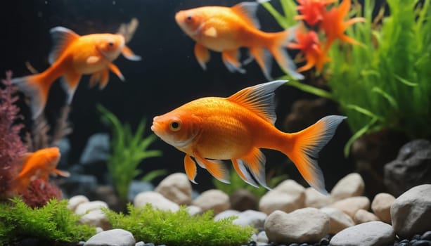 Two golden goldfish swim near each other in a beautifully decorated aquarium, their vibrant scales contrasting with the lush green plants and smooth gray rocks. A third goldfish is visible in the foreground, suggesting a peaceful and vibrant underwater ecosystem.