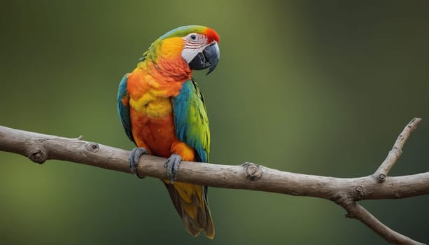 A brightly colored macaw, with red, yellow, orange, blue, and green plumage, sits on a branch, looking out towards the viewer. The background is a soft, blurred green, suggesting the bird is in a tropical rainforest setting.