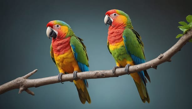 A brightly colored macaw, with red, yellow, orange, blue, and green plumage, sits on a branch, looking out towards the viewer. The background is a soft, blurred green, suggesting the bird is in a tropical rainforest setting.