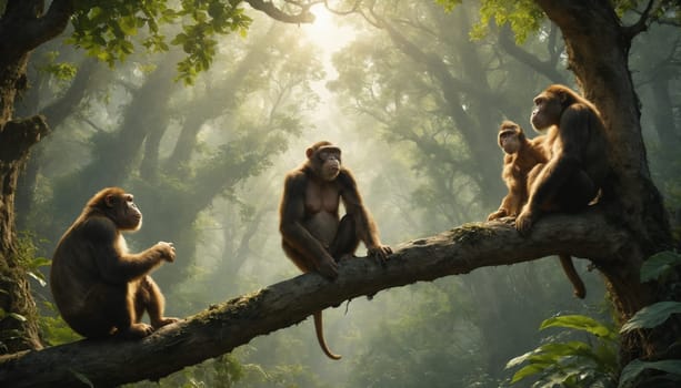 Three apes sit perched on a branch in a dense tropical forest. Sunlight peeks through the canopy, illuminating the scene with a soft, ethereal glow. The apes appear to be contemplating their surroundings as they gaze outwards. The vibrant green foliage and the mist-laden atmosphere create a sense of tranquility and wonder.
