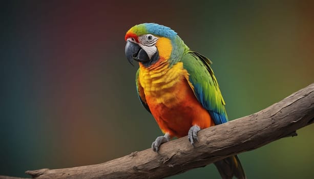 A scarlet macaw, with its striking red, yellow, and blue plumage, sits perched on a branch, its dark eyes focused on something in the distance. The vibrant colors of the bird stand out against the backdrop of lush green foliage, creating a captivating scene of tropical beauty.
