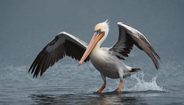 A white pelican with black wingtips lands gently on the surface of a calm, misty lake, creating a small spray of water as its feet touch the water. The pelican's wings are outstretched, its long beak is open slightly, and its eyes are focused on the water ahead.