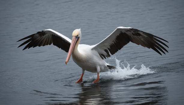 A white pelican with black wingtips lands gently on the surface of a calm, misty lake, creating a small spray of water as its feet touch the water. The pelican's wings are outstretched, its long beak is open slightly, and its eyes are focused on the water ahead.