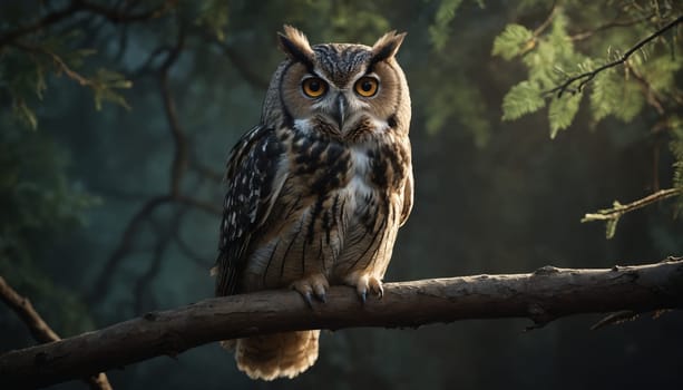 A majestic owl with bright yellow eyes rests on a branch in a dark, lush forest. The owl's feathers are beautifully patterned, and the soft light of dusk illuminates its features. The forest background is filled with the shadows of trees, creating an atmosphere of mystery and tranquility.