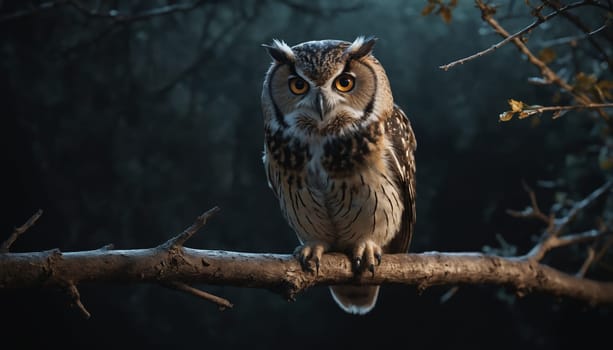 An owl with piercing yellow eyes rests on a branch in a dark, mysterious forest. The owl's plumage is a mix of brown, grey, and black, blending seamlessly with the shadowy background. The air is still, and the only sound is the owl's soft breathing.