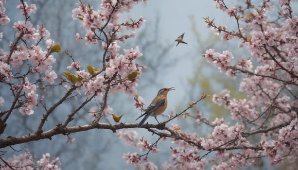 A small, brown and blue songbird perches on a branch of a cherry blossom tree, singing joyfully. The delicate pink flowers create a stunning backdrop, while another bird flies through the soft blue sky.