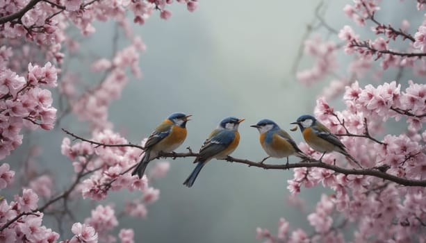 Four birds, each with a distinct plumage, perch on a branch adorned with delicate pink cherry blossoms. The soft light of dawn bathes the scene in a gentle warmth, while the birds seem to be engaged in a melodious conversation, their voices blending with the soft rustling of the leaves.