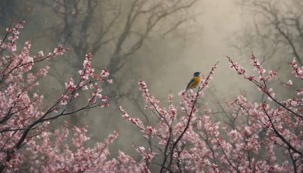 A small, brown and blue songbird perches on a branch of a cherry blossom tree, singing joyfully. The delicate pink flowers create a stunning backdrop, while another bird flies through the soft blue sky.