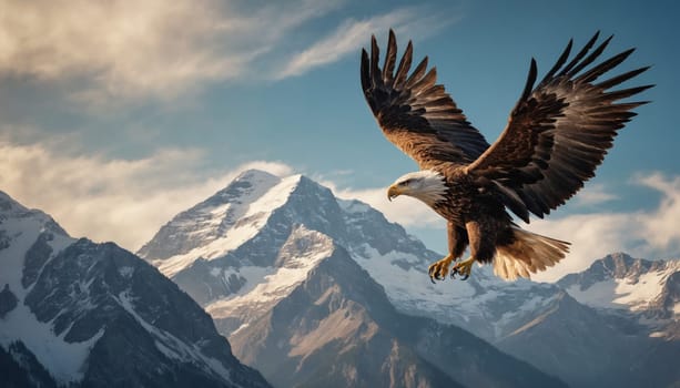 A bald eagle, its wings outstretched, soars through a cloudy sky above a breathtaking vista of snow-capped mountain peaks. The eagle appears to be in mid-flight, with its powerful talons extended, suggesting a graceful and powerful presence. The image evokes a sense of freedom, strength, and the majesty of nature.