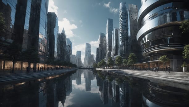 A bustling cityscape is reflected in the calm waters of a narrow canal, creating a mesmerizing blend of urban life and tranquil scenery. Tall, modern buildings line the waterway, their sleek facades reflecting the midday sun. Small groups of people stroll along the sidewalks, their silhouettes adding a touch of human life to the otherwise sterile environment.
