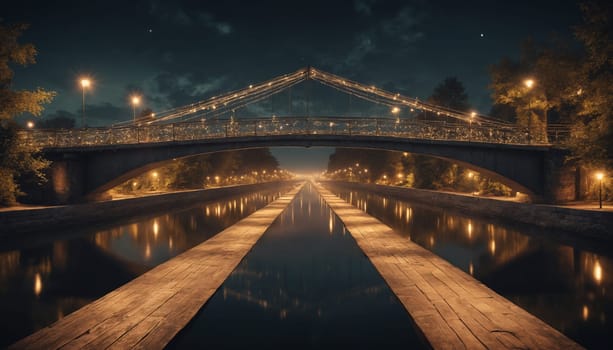 The quiet tranquility of a moonlit night is captured as a pedestrian bridge arches over a calm canal. The bridge is adorned with twinkling lights, casting a warm glow on the water below and illuminating the surrounding trees. The paved paths on either side of the canal invite a peaceful evening stroll, promising a moment of serenity in the city.