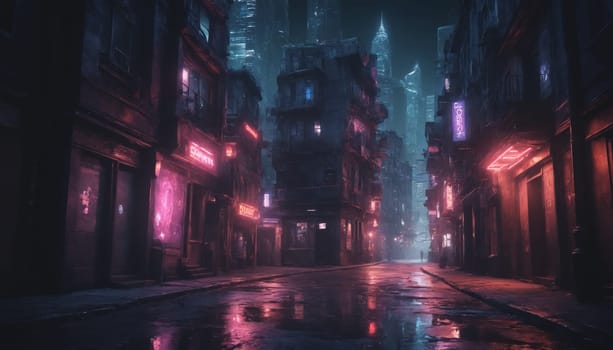 A futuristic cityscape at night, with neon lights reflecting off a wet, empty street. Tall buildings line the narrow street, casting long shadows. The sky is dark and cloudy, with a few stars peeking through. The only light comes from the neon signs and street lamps.