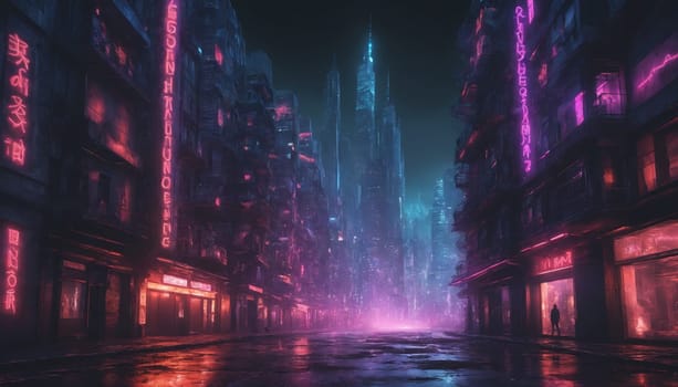 A lone figure walks down a wet, neon-lit street in a futuristic city. The buildings are tall and imposing, with glowing signs and windows. The sky is dark, but the city lights create a vibrant, colorful atmosphere.