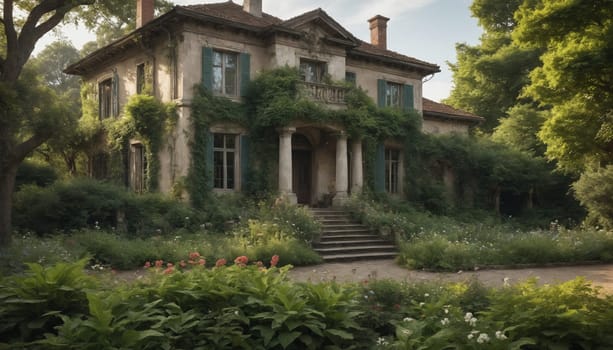 A stone path winds its way through a verdant garden, leading up to the entrance of an old Italian villa. The villa's facade is covered in climbing vines, and the front porch is shaded by a canopy of leaves.