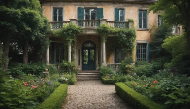 A stone pathway winds through a lush garden towards the imposing entrance of an abandoned manor. The sun casts a warm glow on the overgrown vegetation and weathered stonework, hinting at a rich history and a forgotten past.