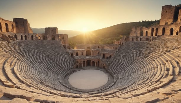A large, ancient Roman amphitheater stands in ruins with the sun setting in the background. The amphitheater is made of stone and has a large, open stage area in the center. The surrounding hills are covered in green trees. The sun is casting a golden glow over the scene.