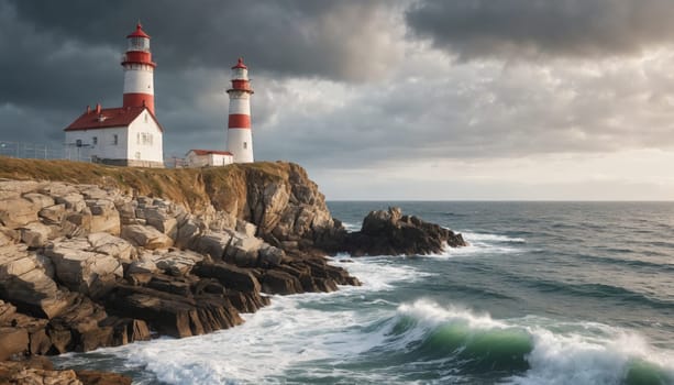 A pair of majestic lighthouses stand tall on a rugged coastline, their beacons shining brightly against a backdrop of churning waves and a dramatic, stormy sky. The ocean's fury crashes against the rocky shore, creating a scene of both power and resilience.