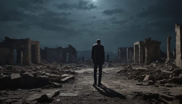 A lone figure stands in the middle of a destroyed city, surrounded by rubble and the remnants of buildings. The moon shines faintly overhead, casting long shadows across the desolate landscape.