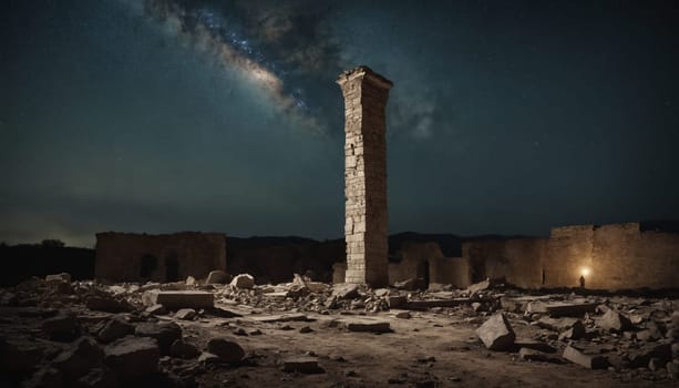 A lone figure stands in the middle of a destroyed city, surrounded by rubble and the remnants of buildings. The moon shines faintly overhead, casting long shadows across the desolate landscape.
