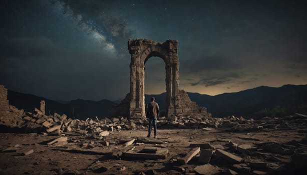 A single individual stands amidst the ruins of a once-grand structure, gazing upwards at the Milky Way stretching across the night sky. The scene is illuminated by the soft glow of the moon, casting long shadows on the debris and highlighting the contrast between the vastness of the cosmos and the remnants of human endeavors.