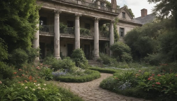A stone path leads through a lush, overgrown garden towards a grand, aging mansion with a classical facade. The building is surrounded by greenery and vibrant flowers, creating a captivating scene of nature reclaiming its space. The path winds through the garden, inviting exploration and contemplation of the mansion's past.