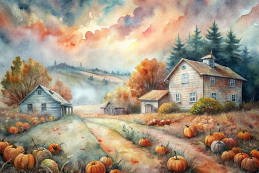 A picturesque scene of a quaint farmhouse nestled amongst a field of pumpkins, with vibrant hues of orange and yellow emanating from the setting sun. The soft, hazy light casts a warm glow upon the surrounding landscape, painting the sky with a dreamy palette of pink and purple clouds.
