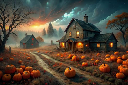 A winding dirt path leads through a field of pumpkins towards a cozy farmhouse. The farmhouse is illuminated with warm, inviting light coming from its windows. The sky is a mix of dark blues and oranges, hinting at a magical twilight.