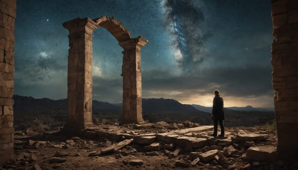 A lone figure stands amidst the crumbling remnants of an ancient archway, silhouetted against the vibrant backdrop of the Milky Way. The vastness of the night sky and the weight of history converge in this powerful composition.