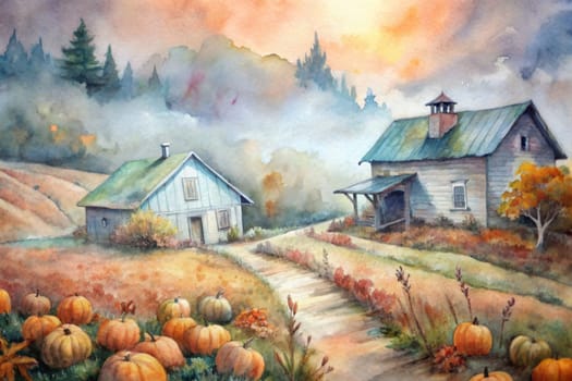 A weathered farmhouse stands majestically in a field of golden pumpkins, its wooden structure a testament to time and nature's embrace. The late afternoon sun casts a warm glow upon the scene, painting the sky with hues of orange and pink, while a gentle mist hangs in the air, adding a touch of mystery and tranquility. A winding path leads the eye towards the distant horizon, promising a journey into the heart of the countryside.