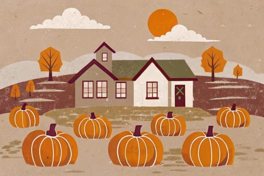 A stylized illustration depicting a quaint farmhouse nestled in a field of plump pumpkins. The warm hues of fall foliage and a bright orange sun create a cozy atmosphere.