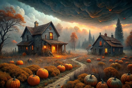 A pair of rustic homes stand side-by-side, bathed in the warm glow of twilight, nestled amidst a sprawling field of pumpkins. The sky is painted in hues of orange and purple, as clouds drift majestically overhead, casting long shadows across the landscape.