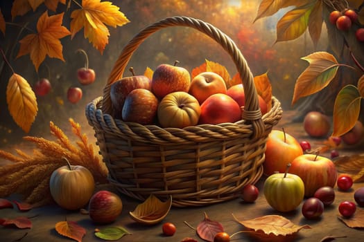 A woven basket overflowing with ripe apples sits on a wooden surface surrounded by colorful autumn leaves. The warm light of the setting sun casts a glow on the scene.