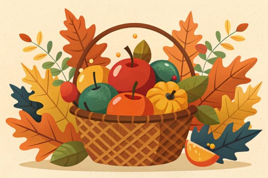 A woven basket sits nestled amongst colorful fall leaves, overflowing with red apples and a single yellow mango. The scene evokes a sense of autumnal warmth and harvest abundance.