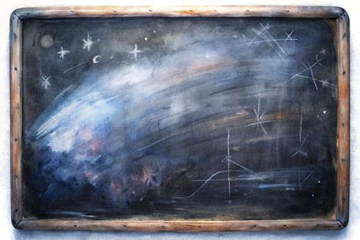 A vintage slate blackboard hangs against a white wall, its surface filled with abstract chalk drawings. White chalk lines evoke a night sky with stars, a crescent moon, and a comet, painted in shades of blue and grey.