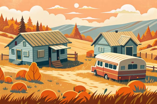 The image depicts a rustic scene with two houses nestled on a hillside in the fall. A faded red bus with a white roof is parked in the foreground, facing away from the viewer, with a dirt road leading to the houses. Orange and yellow foliage is scattered around the houses and bus. The sky is a soft pink and orange, with clouds scattered across the horizon.