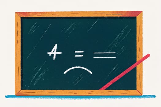 A chalkboard with a green background displays a unique equation featuring a red circle with a tail, a yellow plus sign, a blue circle with a red infinity symbol, and other chalk drawings like stars, suns, and a crescent moon.