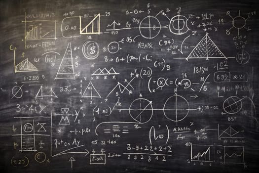 A chalkboard is covered in handwritten mathematical equations and geometric drawings, including a diagram of a pyramid and a graph with a vertical line through its center. The equations are written in white chalk, and the drawings are in both white and yellow chalk. The chalkboard is a dark black color, and the light from a window illuminates the left side of the image.