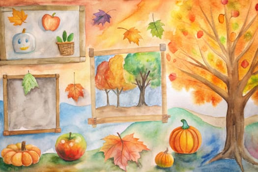 A watercolor painting features a variety of fall elements, including an apple, pumpkins, leaves, and trees in various shades of orange, yellow, green, and red. The painting is framed by a simple wooden border and set against a blue sky backdrop.