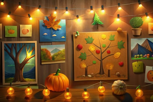 Two easels display paintings in a rustic wooden room with warm, glowing string lights. The left painting depicts a single tree with vibrant fall foliage and scattered autumn leaves on the ground, while the right painting shows a nighttime landscape with a mountain, mushroom houses, and a bright starry sky.