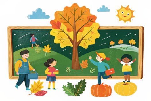 Four children play in a schoolyard on a sunny autumn day. They are surrounded by colorful leaves, a pumpkin, and a tree with yellow leaves. One child carries a book, another holds a stick, and two are waving their hands in the air.
