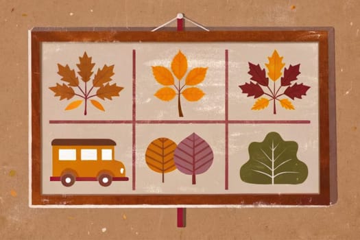 A whimsical arrangement of autumn leaves, trees, a schoolhouse, a taxi, and an apple on a pink background.