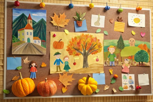 A framed illustration of a charming fall scene with children playing and leaves falling in a colorful landscape. There is a small school building in the background and a large orange tree in the foreground.