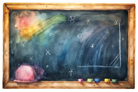 A vintage slate blackboard hangs against a white wall, its surface filled with abstract chalk drawings. White chalk lines evoke a night sky with stars, a crescent moon, and a comet, painted in shades of blue and grey.