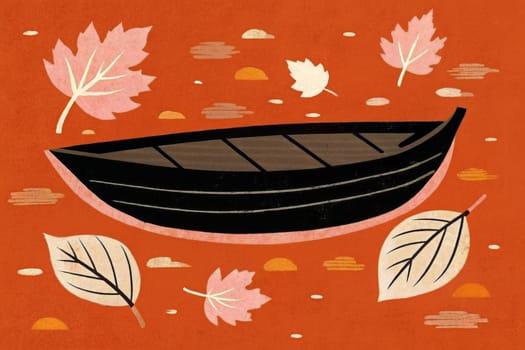 A black boat sits on top of a red surface with autumn leaves floating around it. The leaves are orange, yellow, and gray, with the boat floating above them.