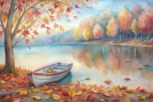 A small, white rowboat rests on the shore of a tranquil lake, surrounded by fallen autumn leaves. The water is still and reflects the vibrant colors of the surrounding trees. The scene evokes a sense of peace and tranquility.