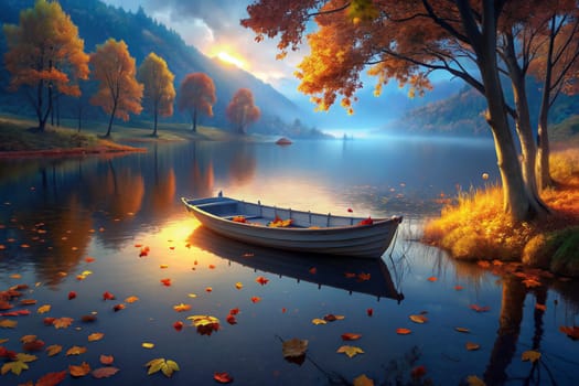 A small rowboat rests peacefully on a still lake, surrounded by falling autumn leaves. The sun rises over a mist-shrouded mountain range, casting warm light on the colorful trees and the peaceful waters.