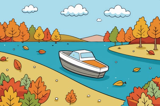 A small boat rests gently on the surface of the water, surrounded by falling autumn leaves. The red background suggests a warm, sunny day, and the leaves seem to be floating down in a slow, graceful dance.