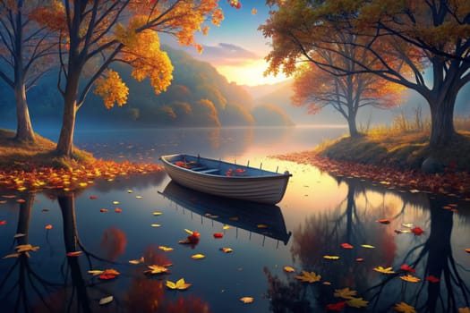 A small rowboat rests peacefully in the still waters of an autumn lake, surrounded by a scattering of fallen leaves. The morning mist hangs low, casting a soft glow over the scene. The vibrant colors of the autumn foliage contrast beautifully with the blue water, creating a breathtaking display of nature's artistry.